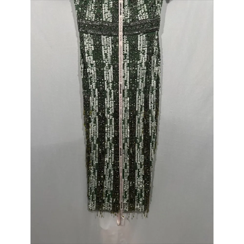 NWT Mac Duggal [ 8 ] 5980 High Neck Short‎ Sleev Crystal Fringe Dress Sage Q931